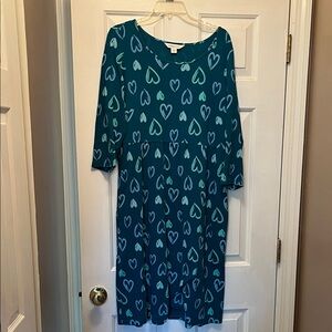 Coldwater Creek Teal Long Sleeve Dress with Heart Pattern